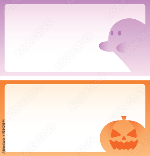 Soft gradient halloween frame with ghost and pumpkin, Spooky banner with copy space, Minimal halloween frame with purple sheet ghost and orange jack o lantern with blank space illustration