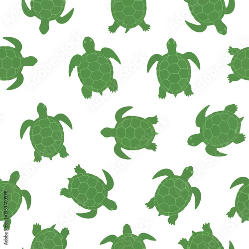 A repeating pattern of many green sea turtles swimming on a white background