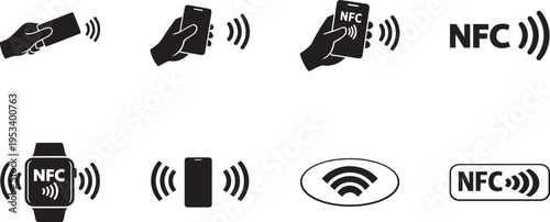NFC wireless payment icon set with contactless, mobile pay and digital transaction symbols