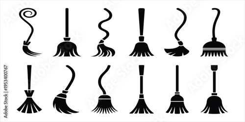 Collection of Black Broom and Witch Brooms Silhouettes on White Background icon