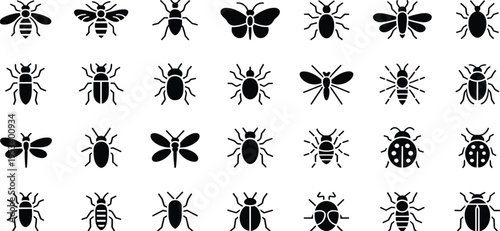 Collection of Black Insect Icons and Symbols on White Background silhouette