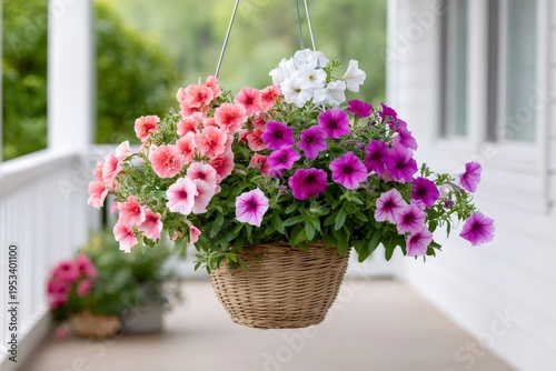 Blooming petunia flowers hanging basket on a porch