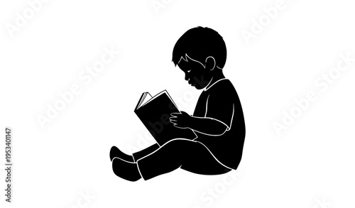 Small Child Reading Book Silhouette Vector Illustration for Education, Learning, and Childhood Development