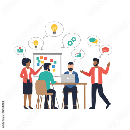 Diverse team brainstorming ideas with visual cues for progress, communication, and innovation