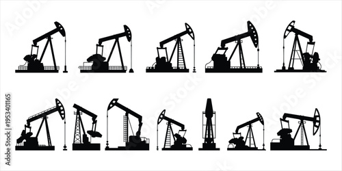 Collection of Black Silhouettes of Oil Pump Jacks on White Background pumpjack oil rig