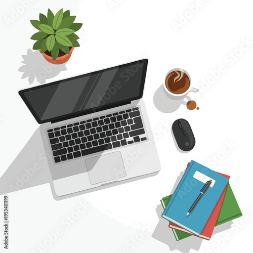 Overhead view of a desk with laptop, coffee, plant, books, and a pen