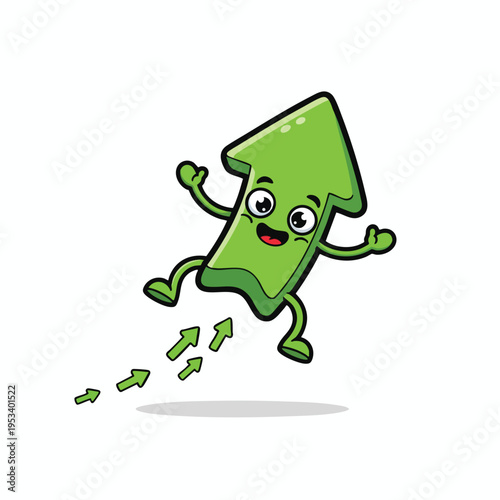 Animated green arrow character with cartoon eyes and mouth jumping upwards