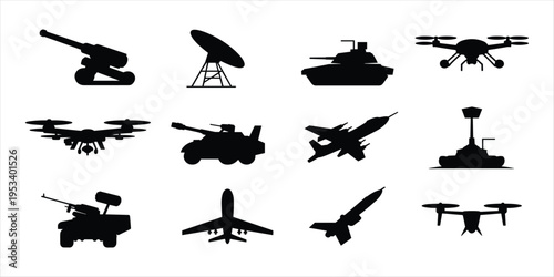 Collection of military vehicle and drone silhouettes Keywords: military, vehicle, drone, tank, jet, helicopter, cannon, satellite