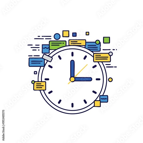 Simple clock face with abstract shapes, representing time and tasks
