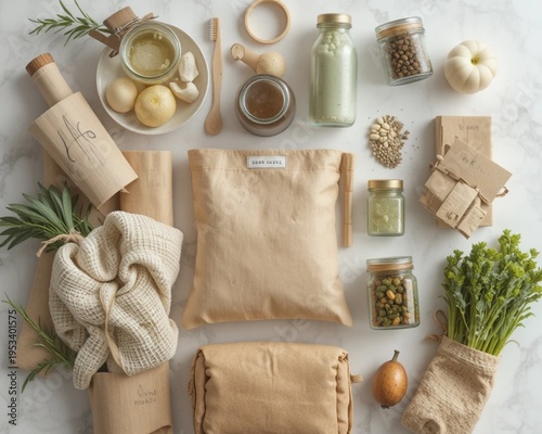 Top view flat lay of an eco-friendly zero waste lifestyle kit featuring reusable and sustainable household items.