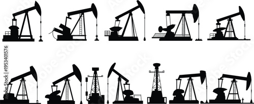 Collection of Black Silhouette Oil Pump Jacks and Drilling Rigs Keywords: oil pump, pump jack, oil rig, drilling rig, petroleum