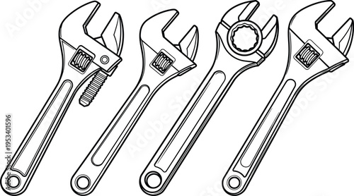 Black and white line drawing of wrenches, adjustable spanners, combination wrench, mechanical tools illustration, repair equipment, industrial hand tools, engineering design