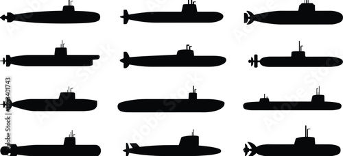 Collection of Twelve Black Silhouette Submarine Vector Illustrations on White Background untitled