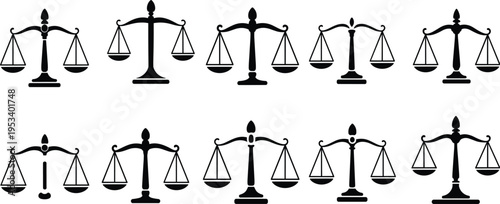 Collection of ten black and white balance scale icons in two rows scales of justice weighing scale