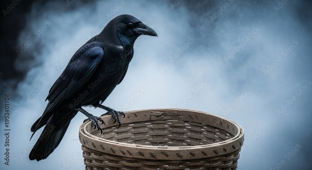 Fototapeta premium Dhumavati Jayanti, A majestic black crow with sharp feather details perched on an authentic wooden winnowing basket (surpa)