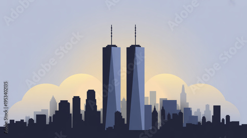 New york city skyline with twin towers at sunset urban landscape silhouette