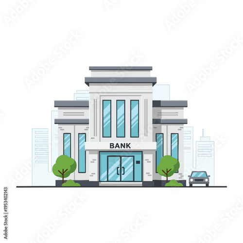 Modern bank building with glass doors, windows, trees, and a car