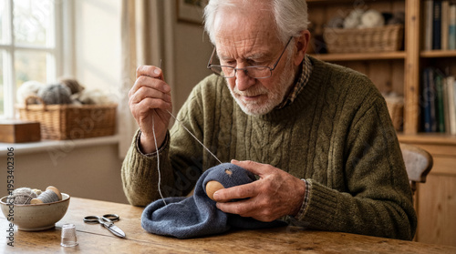 Elderly man darning a cashmere scarf with needle