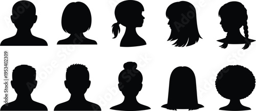 Diverse Silhouettes of Human Heads and Hairstyles in Black and White Keywords: silhouette, head, hair, hairstyle, human, person