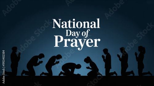 People praying together on national day of prayer with silhouettes against a dark blue background