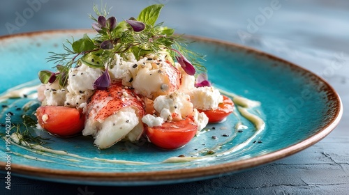 Fresh Lobster Salad with Cherry Tomatoes, Microgreens, and Creamy Dressing on a Vibrant Blue Plate