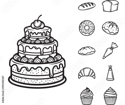 Set of 11 bakery icons vector, cake, cupcakes, bread, pastry