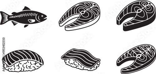 Black and white of six stylized fish with intricate patterns aquatic animals marine life desi