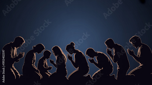 Silhouettes of people praying in unison at dusk with hands clasped in contemplation and devotion