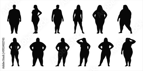 Mix of slender and plus-size male and female silhouettes standing on white background people