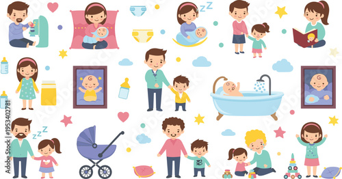 Family with Baby Daily Life Collection Showing Parents Feeding Bathing Playing and Caring for Newborn Infants in Cartoon Vector Illustration Style.