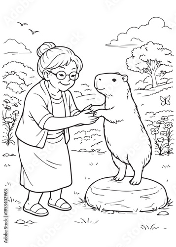 coloring book page grandmother gently greeting a standing capybara and offering a hand of kindness