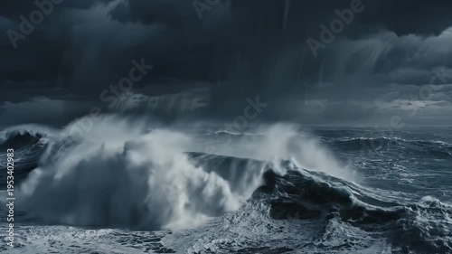 Stormy Ocean Lightning Strike - A large wave crashes during a storm on the ocean, with dark clouds overhead. Lightning strikes in the distance during the storm.
