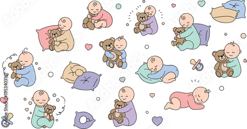 Cute Baby with Teddy Bear Collection Showing Newborn Infants Sleeping Sitting and Playing with Soft Toys in Cartoon Vector Illustration Style.