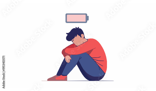 Sad young man sitting with empty battery icon vector illustration for low energy and burnout awareness