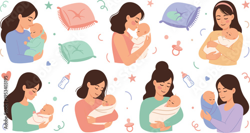 Mother Holding Newborn Baby Collection with Women Hugging Nursing and Comforting Infants in Warm Cartoon Vector Illustration Style.