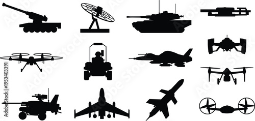 Silhouettes of military vehicles and drones on white background Keywords: military, vehicle, drone, tank, jet, helicopter
