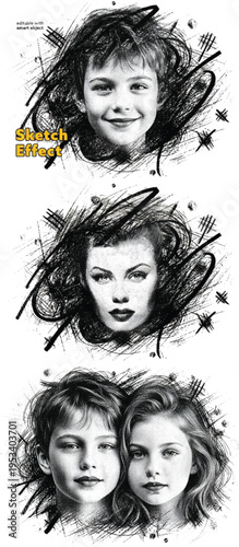 Artistic Montage: Diverse Faces with Expressive Line Art and Floral Accents