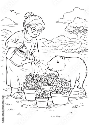 coloring book page grandmother planting flowering pots with the curious capybara nearby