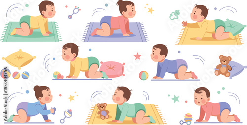 Baby Crawling Practice Collection with Newborn Infants Moving on Mats Playing with Toys and Developing Motor Skills Cartoon Vector Illustration Style.