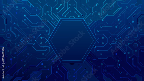 Abstract blue circuit board pattern with a central hexagonal shape