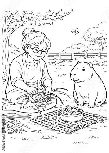 coloring book page grandmother preparing a picnic basket and snacks while capybara sits patiently