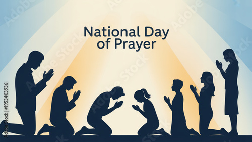 People praying on national day of prayer with silhouettes in front of divine light rays