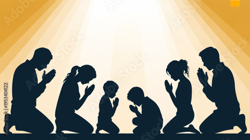 Family in prayer silhouettes of parents and children kneeling in devotion with hands clasped in worship warm light background
