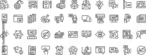 Set of outline icons related to advertisiment, marketing, ads. Linear icon collection. Editable stroke. Vector