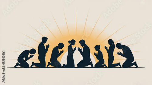 Silhouette of diverse people kneeling in prayer at sunrise expressing hope and spirituality
