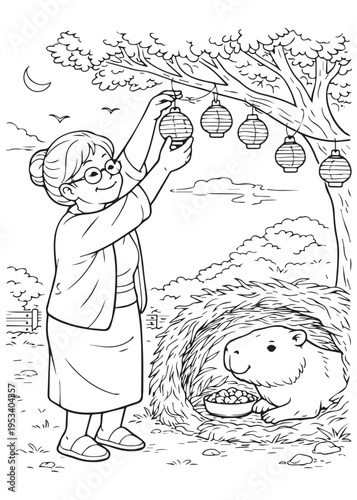 coloring book page grandmother hanging lanterns by a cozy capybara nest for evening comfort