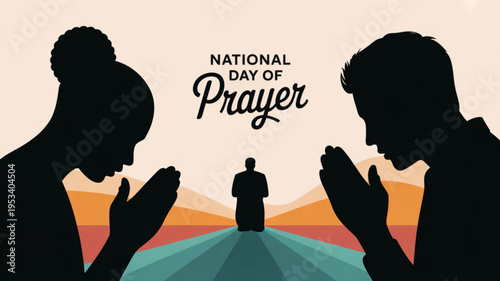 People praying on national day of prayer with silhouettes at sunset