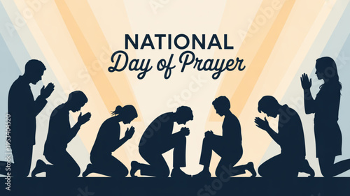 National day of prayer silhouette with people kneeling in prayer hands clasped in devotion against a radiant sunburst background