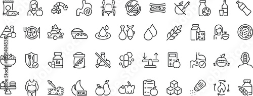 Set of outline icons related to nutrition. Linear icon collection. Editable stroke. Vector