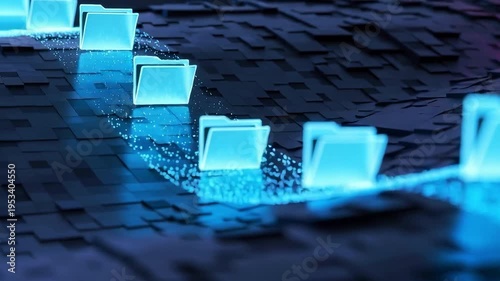 Glowing digital folders flowing along a neon data stream on a dark futuristic grid background.